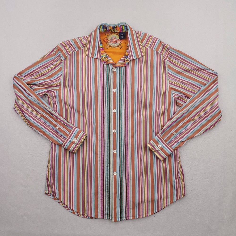 Robert Graham Shirt Mens M Multicolor Striped Contrast Trim Miter Flip Cuff
